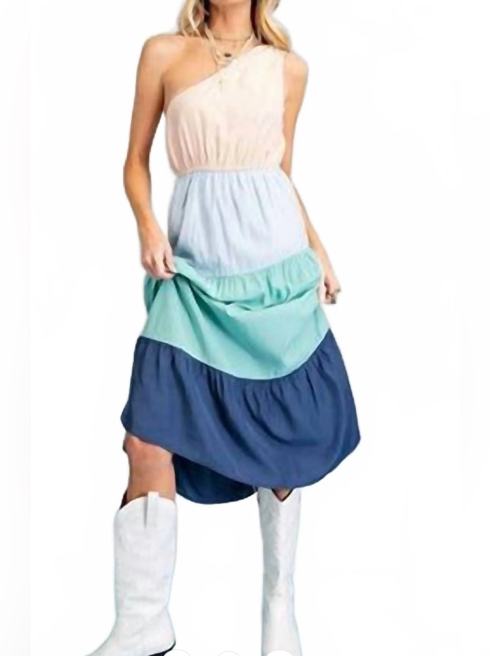 143 Story Colorblock Tiered One-Shoulder Midi Skirt Blue/Teal/Cream Size Medium